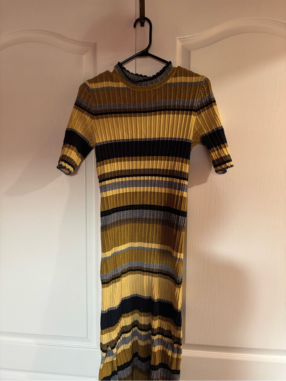 Zara Striped Ribbed Midi Dress in Mustard, Black and Gray